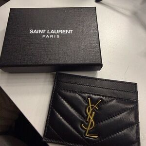 Saint Laurent Black Quilted Card Holder with Gold Emblem